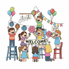 Colorful Handdrawn Cheerful Children Decorating Classroom for a Welcome Party Illustration