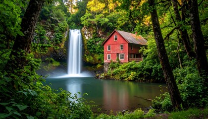 Obraz premium Lush forest surrounds a red house by a waterfall