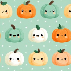 Fototapeta premium Cute Cartoon Pumpkins with Smiling Faces on a Soft Green Background