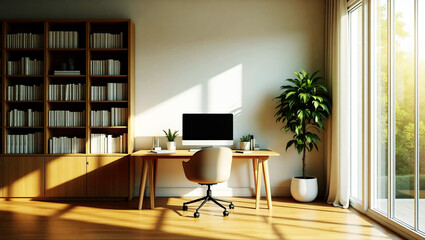 Sunlit home office with bookshelf and computer
