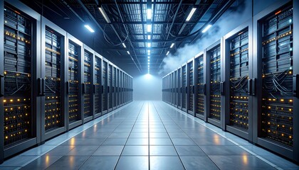 Server Room with Rows of Equipment and Bright Lights