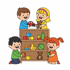 Colorful Flat Illustration Kids Playing Together near Shelves Full of Toys