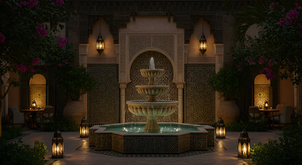Enchanting Moroccan courtyard fountain glowing softly under twilight with ornate lanterns and