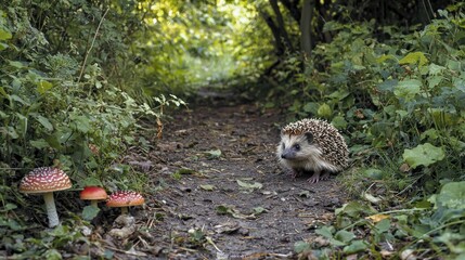 Naklejka premium A hedgehog wandering along a woodland path, with mushrooms and plants nearby.