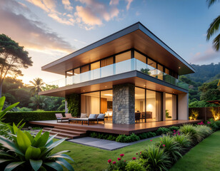 Exterior view of a high-end modern villa with a sleek design and expansive glass windows, surrounded by a well-kept lawn and exotic greenery at dusk