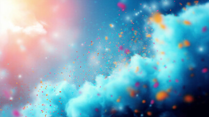 Colorful confetti dancing in refreshing blue sky breeze
