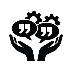 Hands holding speech bubbles with gears symbolizing communication and collaboration