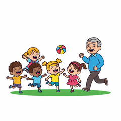 Cartoon Style Cheerful Kids Playing with a Ball with Grandpa Illustration