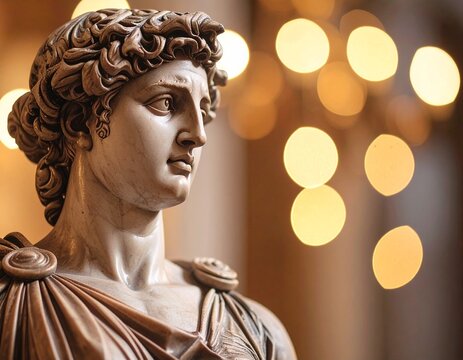 A classical marble statue of a man, illuminated with soft, golden bokeh lights in the background.