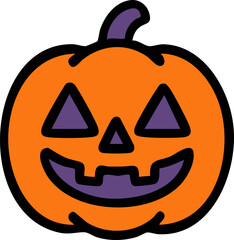 This image shows a classic Halloween jack-o'-lantern with a carved smiling face, triangular eyes, and a purple stem and inner details.
