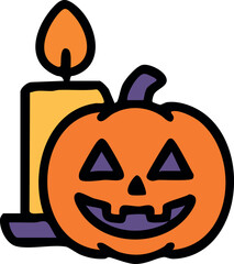 This image shows a Halloween jack-o’-lantern with a carved smiling face next to a glowing candle, creating a spooky festive atmosphere.