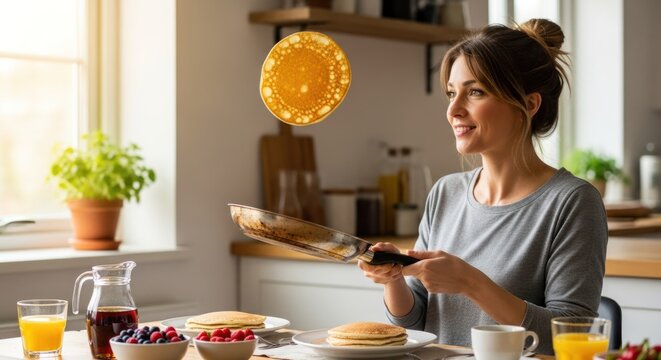 A woman in a kitchen preparing pancakes with a frying pan.