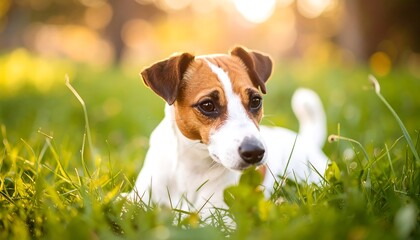 A Jack Russell Terrier resting in a grassy field, bathed in warm sunlight