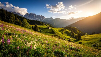 A picturesque alpine meadow stretches towards majestic mountains at golden hour, showcasing vibrant wildflowers and rolling hills.