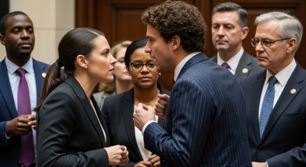 Two individuals in suits, one with a ponytail, engaged in a heated argument in a courtroom setting.