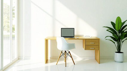 Bright home office with laptop and plant