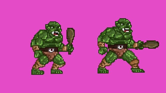 Animation of an old 32-bit game of two ogres with their clubs on a red background, pixel.