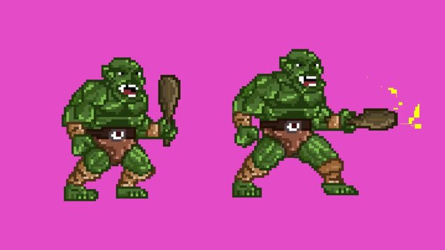 Animation of an old 32-bit game of two ogres with their clubs on a red background, pixel art.