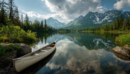 Serene mountain lake with canoe (4)