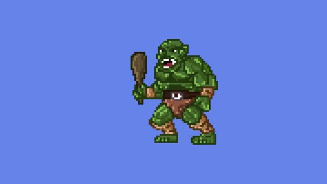 Animation of an old 32-bit game of an ogre with his club on a blue background, pixel art.