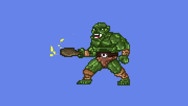 Animation of an old 32-bit game of an ogre with his club on a blue background, pixel art, 2D.