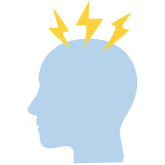 This is a flat illustration of a human head silhouette with yellow lightning bolts striking the top, symbolizing epilepsy, seizures, or abnormal brain activity.