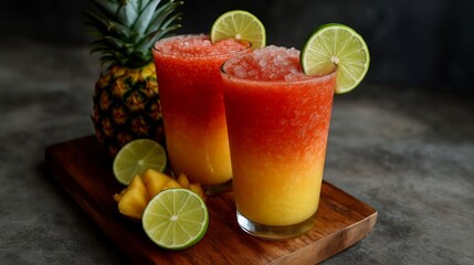 Fototapeta premium Refreshing tropical beverage served in two glasses with vibrant layers of red and yellow, garnished with lime slices, alongside fresh pineapple on a wooden board, perfect for summer enjoyment