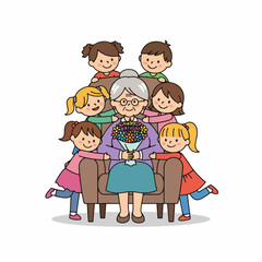 Cute Cartoon Style Elderly Woman Surrounded by Grandchildren Illustration