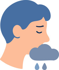 This is a flat vector illustration of a sad person with eyes closed and a dark rain cloud with raindrops symbolizing depression, emotional distress, and poor mental health.