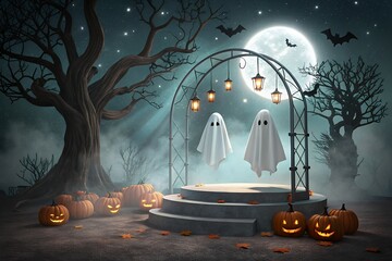 Spooky halloween scene with floating ghosts and jack o lanterns