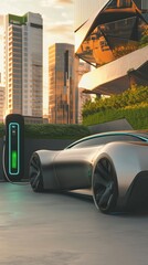A detailed 3D rendering of a futuristic electric car charging at a sleek, modern charging station in a clean urban environment.