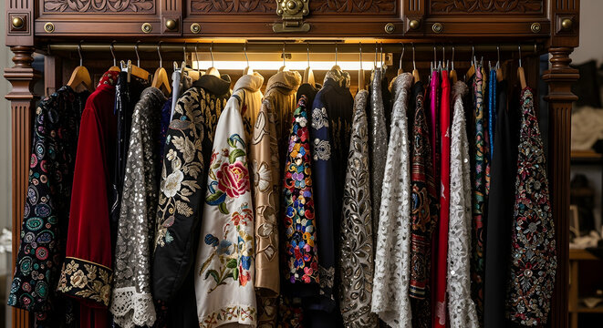 A collection of ornate vintage and couture jackets with intricate embroidery sequins and beading hang on a rack in a luxurious closet