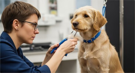 A woman grooming a golden retriever with blue collar.