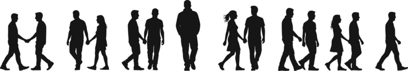 Silhouettes of Walking People and Couples Holding Hands in Urban Street Scene – Vector Illustration for Community, Diversity, Social Concept