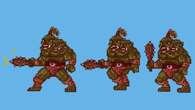 Animation of an old 32-bit game of three ogres with their clubs on a blue background, pixel art.