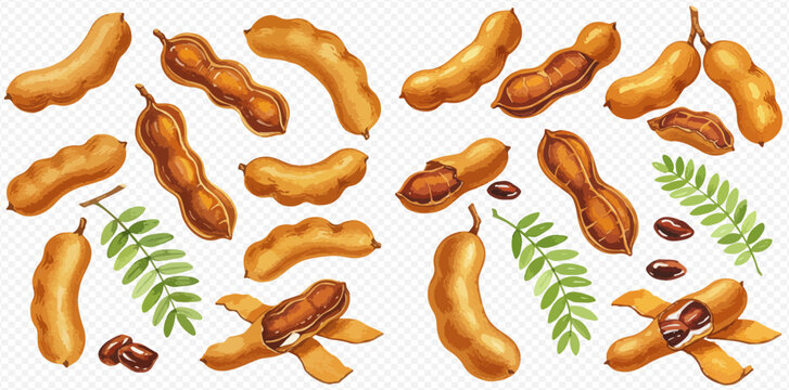 A watercolor illustration set of ripe tamarind fruits, shown whole, cracked open, and peeled, with seeds and leaves.