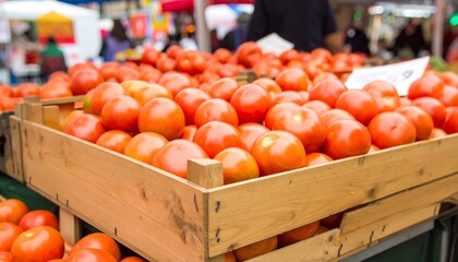 Fresh tomatoes in wooden crates at a market (1)