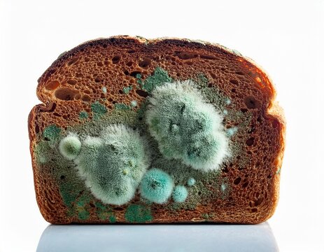 slice of bread with green and brown mold spots