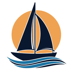 Dark blue sailboat with orange sun and blue waves on white background sailing water