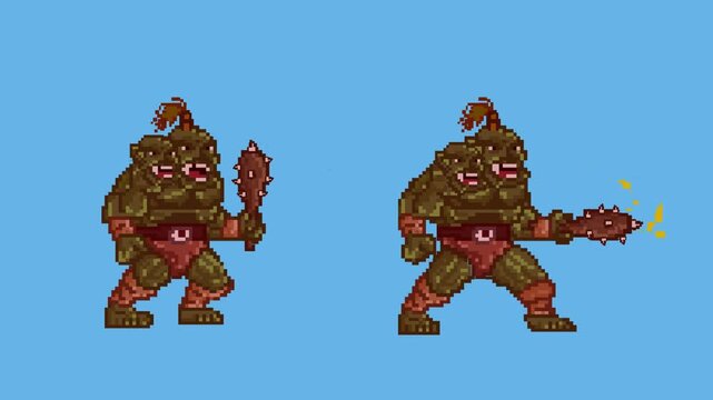 Animation of an old 32-bit game of two ogres with their clubs on a blue background, pixel art.