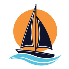 Dark blue sailboat with white trim on blue waves against orange circle water ocean