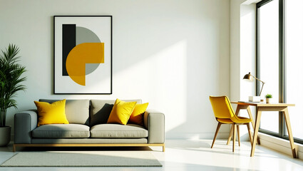 Modern living room with abstract art and yellow accents