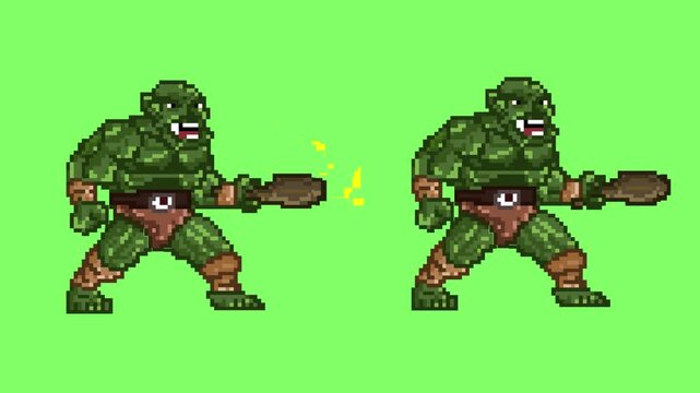 Animation of an old 32-bit game of two ogres with their clubs on a green background, pixel, 2D.