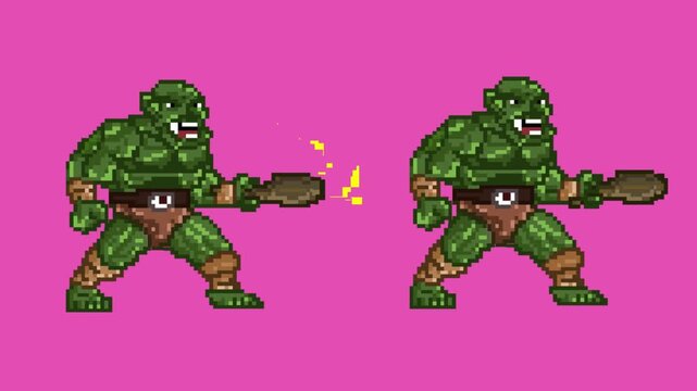 Animation of an old 32-bit game of two ogres with their clubs on a red background, pixel art, 2D.