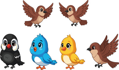 Cute cartoon birds in various colors and poses, including sparrows and colorful species, ideal for vector illustration, animation, and educational design