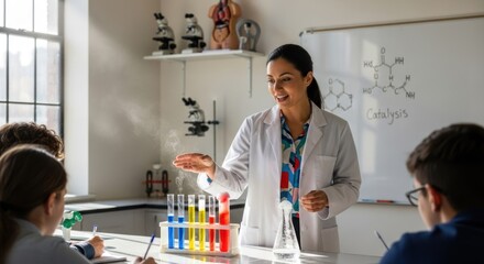 A teacher in a lab coat standing in front of a class of students, demonstrating a science experiment.