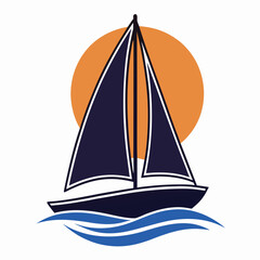 Dark blue sailboat with white trim sails on blue waves against orange sun sailing water