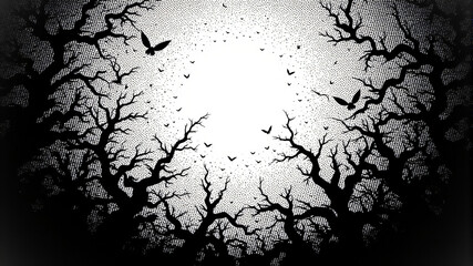 Obraz premium Eerie Night Forest with Flying Birds and Bare Trees