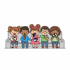 Cartoon Colorful Group of Children Enjoying Snack Time on Sofa