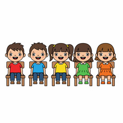Cartoon Flat Illustration Group of Children Sitting on Chairs in Row